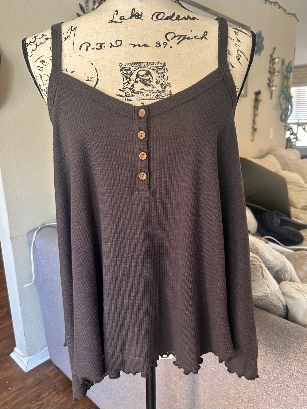 American Eagle Outfitters Navy Blue Ribbed Button-Front Henley Tank